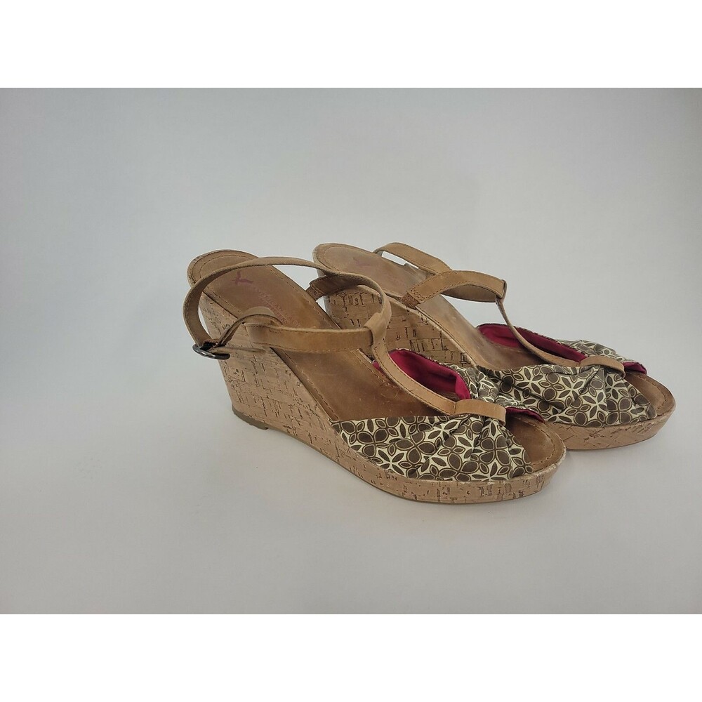 American Eagle Women's T-Strap Wedge Sandals Size 9M Brown Floral Fabric Upper